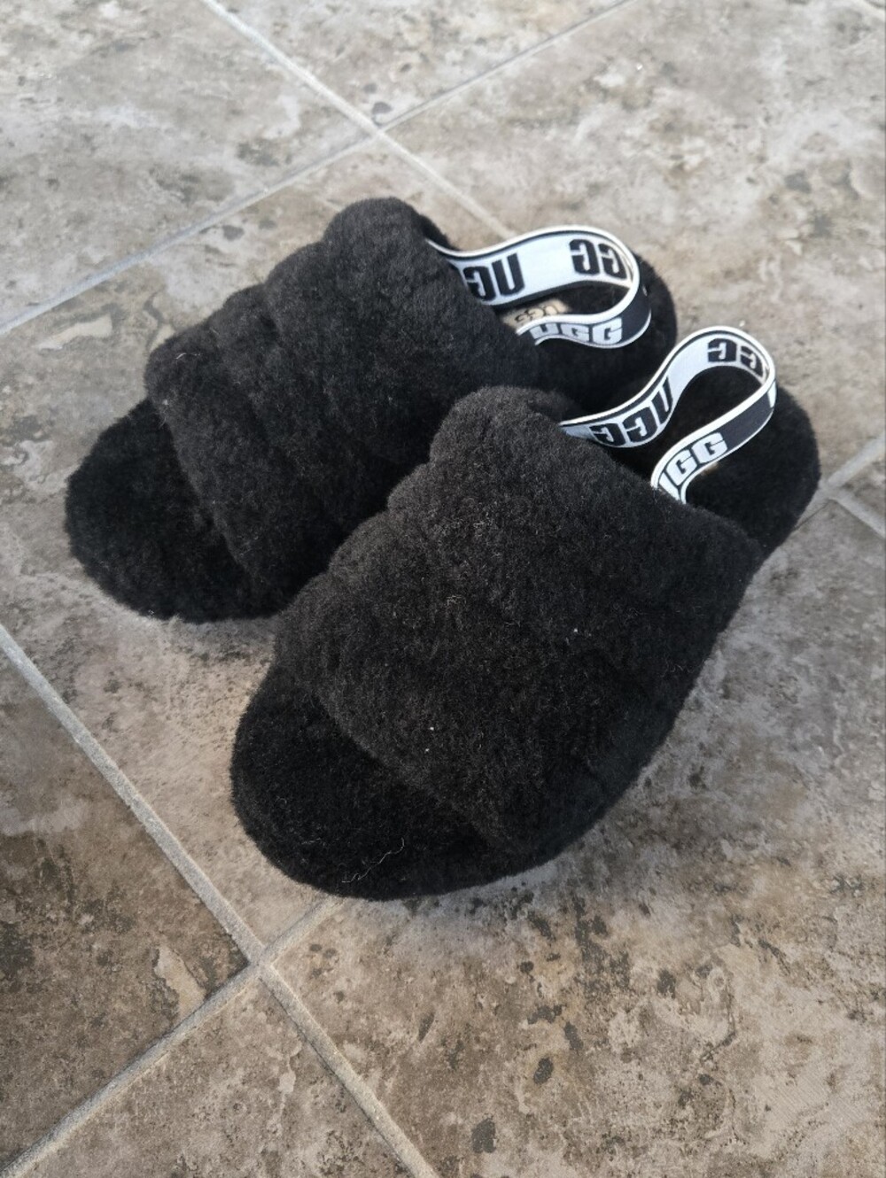 Ugg Fluff Yeah Slippers Black Fur Size 7 Womens